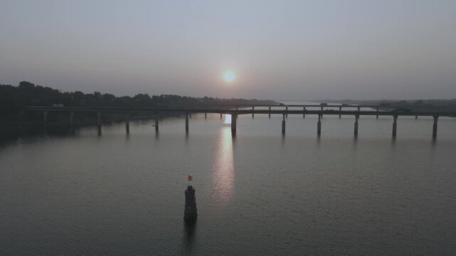Aerial View of Narmada River Bridge at Sunset, Madhya Pradesh, India