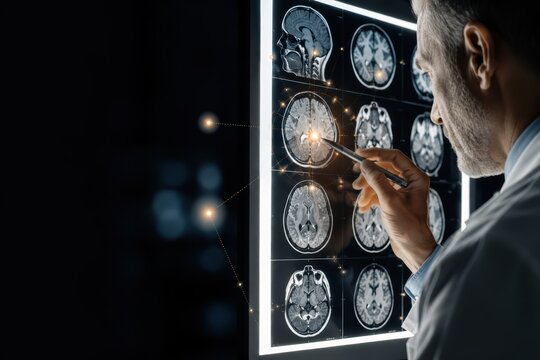 Doctor Analyzing Brain Scan With AI Diagnostic Markers