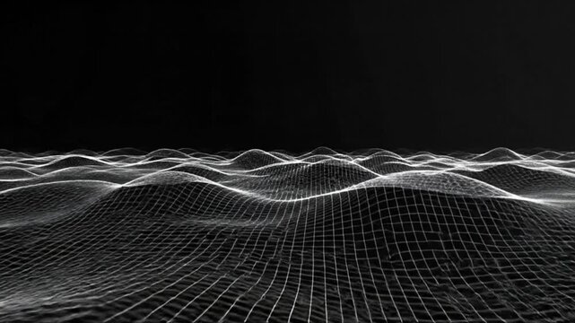 Abstract digital landscape with glowing white wireframe mesh waves