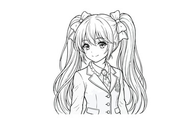 Anime Girl Portrait: A charming anime-style illustration of a young girl with twin pigtails, a school uniform, and a gentle smile. Perfect for creative projects and storytelling.