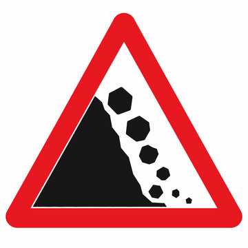 Simple Falling Rocks Warning Sign with Cliff and Stones Flat Vector Illustration Isolated on White Background