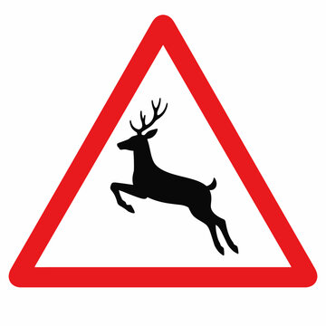Simple Deer Crossing Warning Sign with Leaping Animal Silhouette Flat Vector Illustration Isolated on White Background
