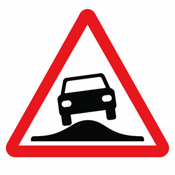 Simple Speed Bump Warning Sign with Car and Raised Hump Flat Vector Illustration Isolated on White Background