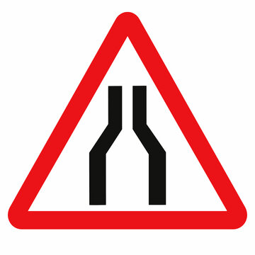 Simple Narrow Road Warning Sign with Converging Lane Symbol Flat Vector Illustration Isolated on White Background