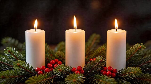 Three lit candles with greenery and berries