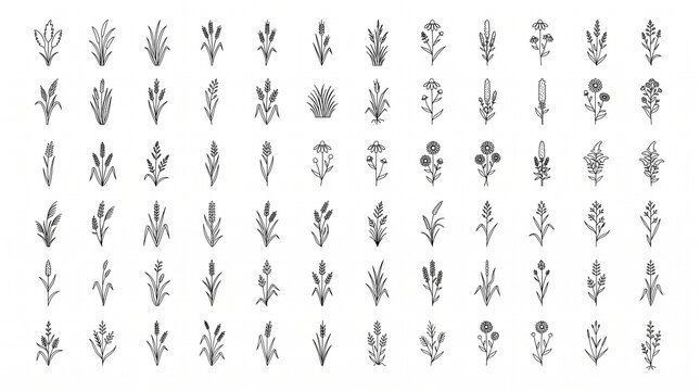 Minimalist botanical line art collection, 72 hand drawn floral icons and wild grass sketches, black ink organic plant silhouettes on white background