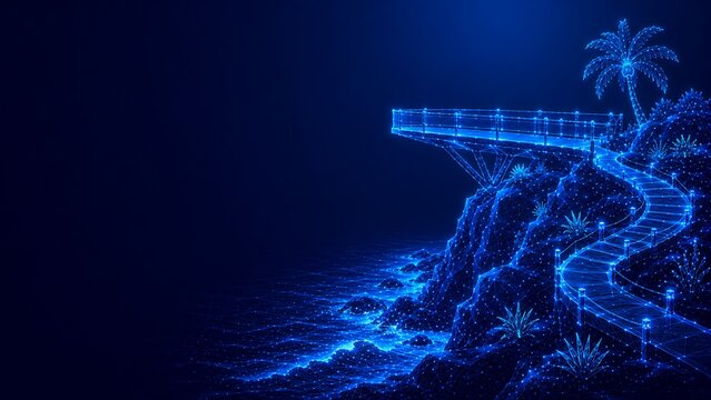 Digital wireframe cliffside lookout terrace at night. beach tourism summer travel & vacation with wireframe vacation landscape tropical. beach tourism summer travel & vacation