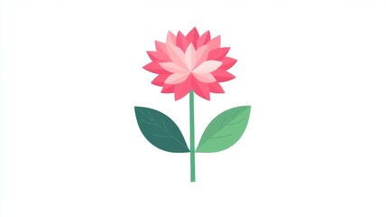 Fototapeta premium Minimalist pink flower illustration with green leaves isolated on white background for decorative floral graphic design projects.