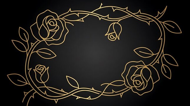 Elegant gold rose vine floral frame on black background.