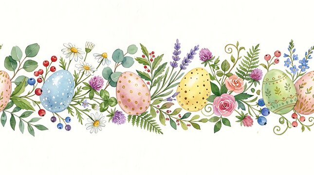 Watercolor easter eggs and spring flowers horizontal border on white background.