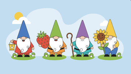 Fototapeta premium Four colorful garden gnomes standing in a row holding a lantern, a strawberry, a staff, and a sunflower in the sun.
