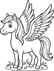 Fototapeta premium Pegasus stands on a patch of grass with large wings spread wide for a mythical coloring sheet.