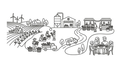 Fototapeta premium Farm to Table Illustration Rural Landscape Agricultural Life Scenes