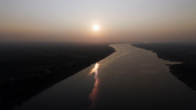 Aerial View of Narmada River Bridge at Sunset, Madhya Pradesh, India