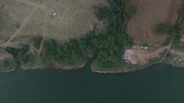 Aerial View of the Narmada River Shoreline, Madhya Pradesh, India
