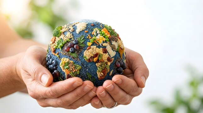 Hands holding a globe made of various healthy foods representing global food security and sustainable nutrition