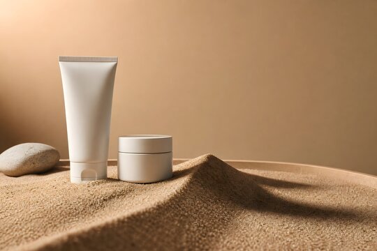 Minimalist Cosmetic Packaging on Sand with Stone for Beauty Product Mockup