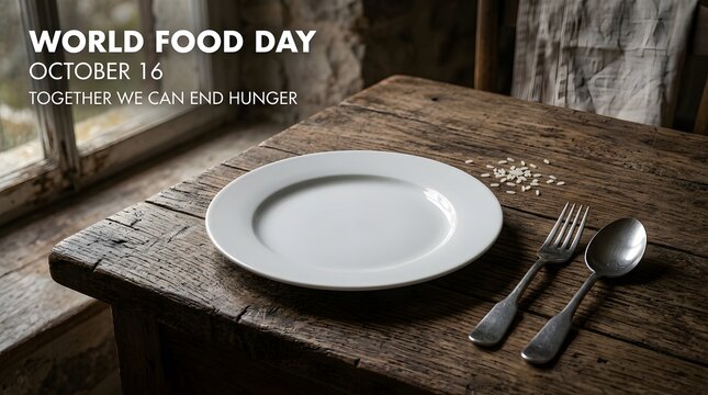 World food day empty plate on a rustic wooden table with a few grains of rice, symbolizing hunger