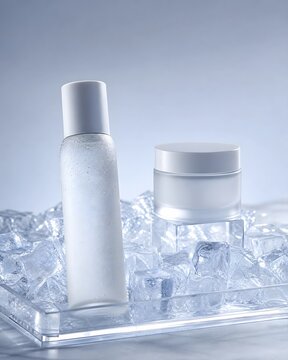 Cosmetic Skincare Bottles on Ice Cubes for Refreshing Beauty Concept