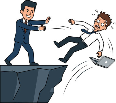 Corporate Sabotage Concept Vector Illustration Featuring Flat Cartoon Ruthless Boss Pushing Office Employee Off Cliff with Dropped Laptop Clipart Element