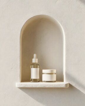 Cosmetic Skincare Bottles in an Arched Wall Niche with Copy Space