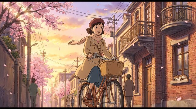 Anime-inspired illustration of a cheerful young woman cycling through a quiet city street during sunset. Warm evening light, blooming trees, and elegant architecture create a peaceful lifestyle scene 