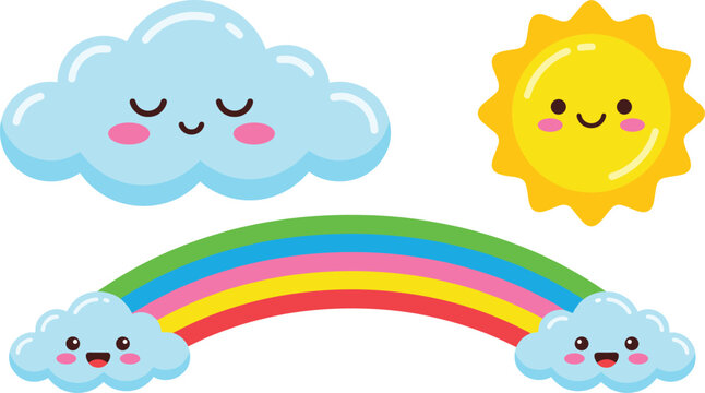 Cute kawaii weather vector set with smiling sun cartoon clouds and a colorful arc rainbow