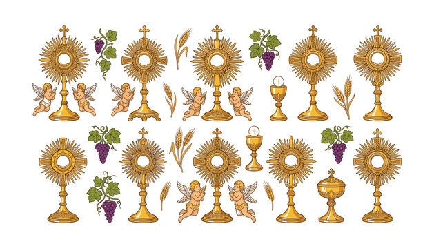 Catholic Christian monstrance vector set featuring eucharist ostensorium holy communion chalice angels wheat and grapes for religious church design