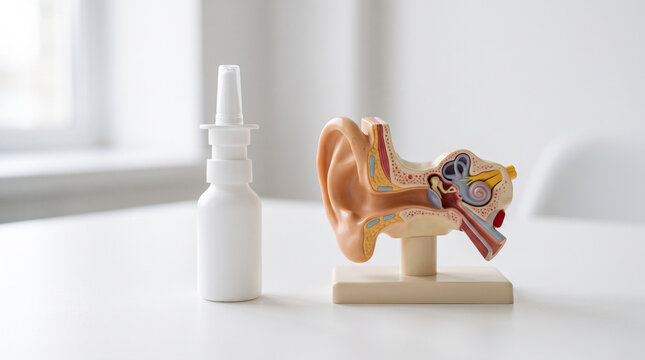 Anatomical model of a human ear showing internal structures next to a white plastic nasal ad social media download thambnail poster web template event festival 2026 2027 2028