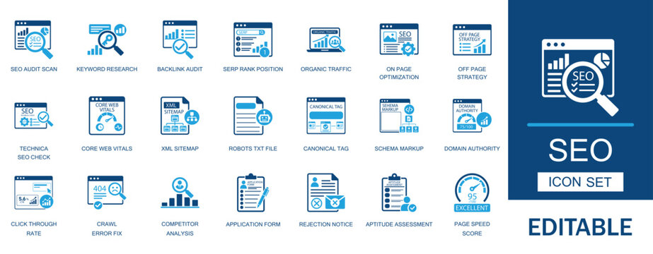 SEO and search engine optimization icon set. Featuring technical seo keyword research backlink audit serp ranking page speed schema markup core web vitals vector.