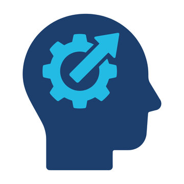 Dark blue silhouette of a human head with a light blue gear and upward arrow profile