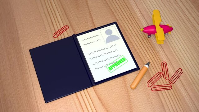 Lithuania Approved visa passport document on wooden desk, travel permit with green stamp, international vacation documentation with toy airplane and stationery