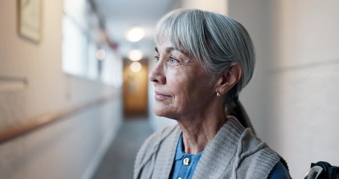 Thinking, smile or senior woman in center with insight, daydream or nostalgia in calm mindset. Reflection, wonder or elderly person with mindfulness, flashback or peaceful perspective in retirement.