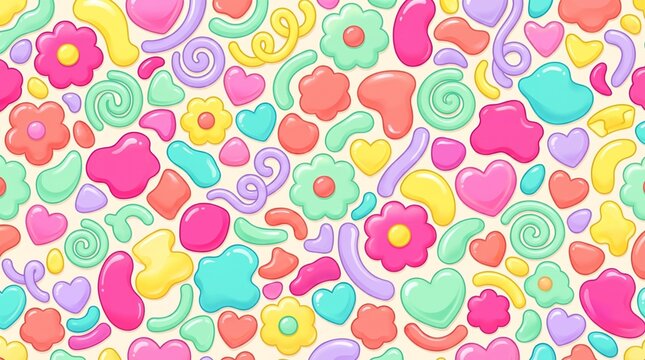 Bright Kawaii Candy Doodle Pattern with Glossy Hearts, Flowers, Swirls, Jelly Shapes and Colorful Pastel Cute Background
