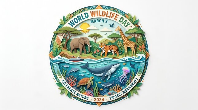 World wildlife day circular illustration featuring wild animals and marine life for nature protection and biodiversity