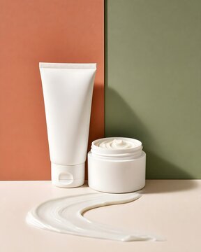 White Cosmetic Tube and Jar with Cream Swirl on Minimalist Background