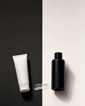 Minimalist Cosmetic Packaging Mockup with Cream Swatch on Dual Tone Background