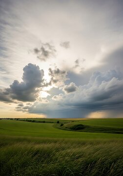 Dramatic sky over rolling green countryside landscape.