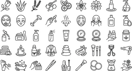 Fototapeta premium Holistic Organic Skincare and Beauty Salon Thin Line Art Icon Big Bundle Featuring Botanical Extracts Face Masks Luxury Spa Massages and Cosmetic Accessory Vectors