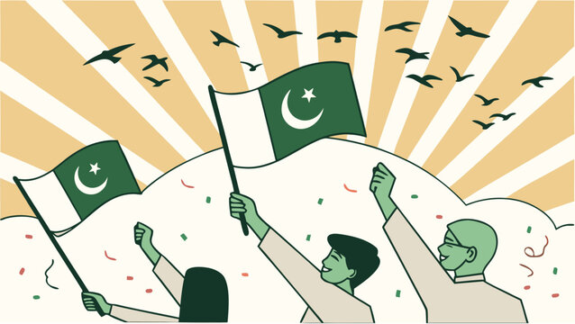 Illustrated crowd celebrating unity under national flags with confetti with evoking sense collective celebration national pride uplifting sky filled birds confetti