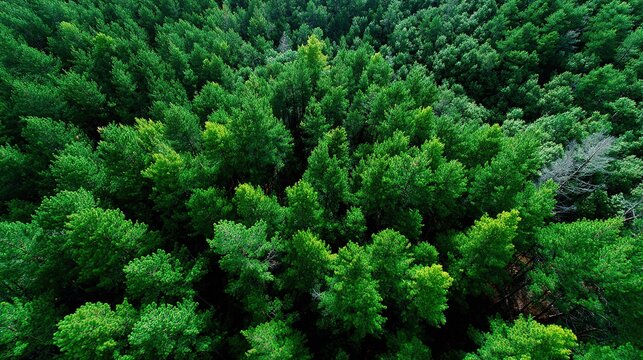 Aerial View of Lush Forest Canopy: A breathtaking high-angle shot reveals an expansive, vibrant green forest canopy, showcasing the dense and diverse foliage stretching out to the horizon.