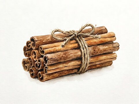 Watercolor painting of cinnamon sticks tied with jute rope.