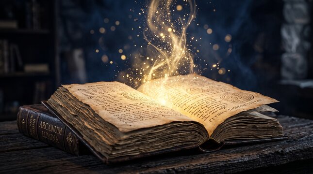 An Open Antique Grimoire With Golden Magical Energy Radiating From Its Pages In A Dimly Lit Gothic Library Setting