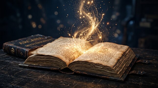 An ancient, open leather-bound grimoire resting on a rustic wooden table with glowing golden magical energy swirling and sparking upwards from its aged, parchment pages in a dark atmosphere.