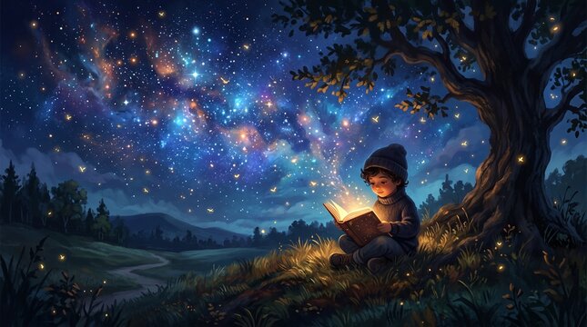 A whimsical illustration of a small child sitting under a large tree at night, reading a magical glowing book beneath a brilliant, star-filled cosmic galaxy sky.