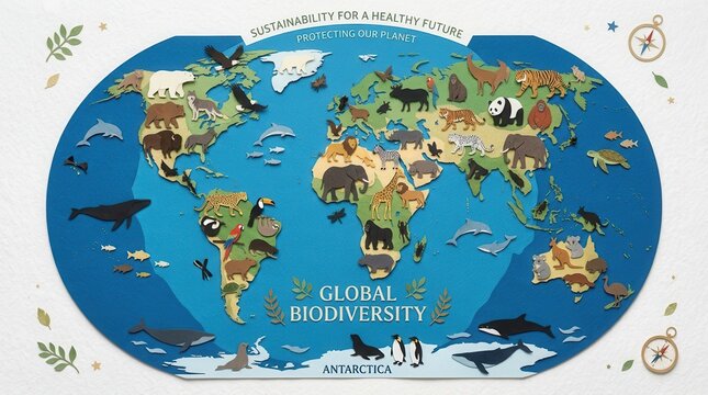 Colorful world map illustration featuring various wild animals and marine life for global biodiversity and nature study