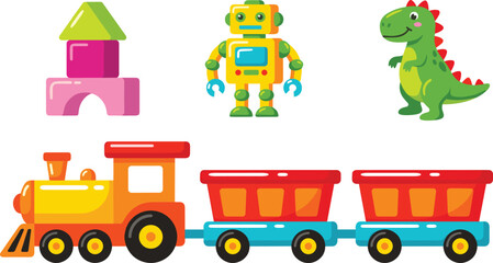 Colorful kids toy vector element collection featuring locomotive train blocks robot and cute dinosaur © farida
