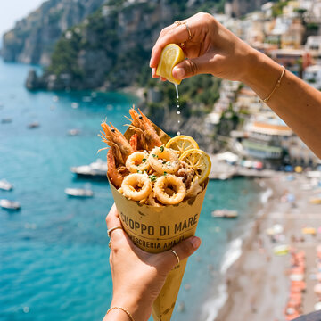 Italian Beach Street Food Cuoppo di Mare Paper Cone with Calamari and Prawns