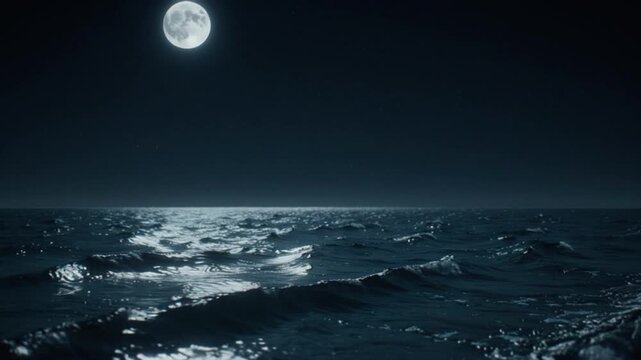Full moon shines over rippling dark ocean waves at night in the starry sky