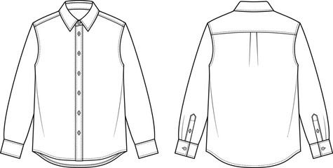 Men's long sleeve button down shirt technical flat sketch template front and back view illustration © Creative_Nazmin
